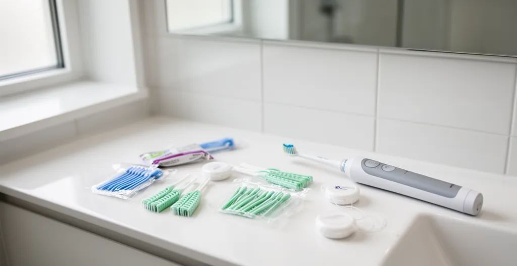 Brossettes interdentaires et accessoires d'hygiène sur plan de salle de bain