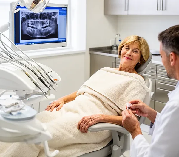 Patiente souriante lors d'une consultation dans un cabinet dentaire moderne