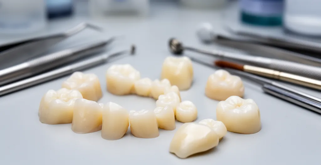 Couronnes et bridge en céramique disposés sur plateau de laboratoire dentaire